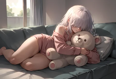 zPDXL, hi res
BREAK 1girl, white hair, messy hair, hair covering eyes, hair over eyes, pajamas, cuddling with stuffed animal, on sofa, relaxing, sunlight
<lora:scoreSlider_ponyXL_v10:1> <lora:polki_ponyXL_v10:0.8>