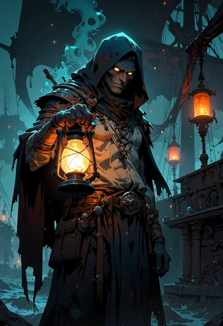 A Ghostly Sailor, spectral mariner with tattered uniform, glowing white eyes, holding a spectral lantern, haunted ship deck, misty sea background, dim lanterns, atmosphere of lost voyages and ghostly tales.