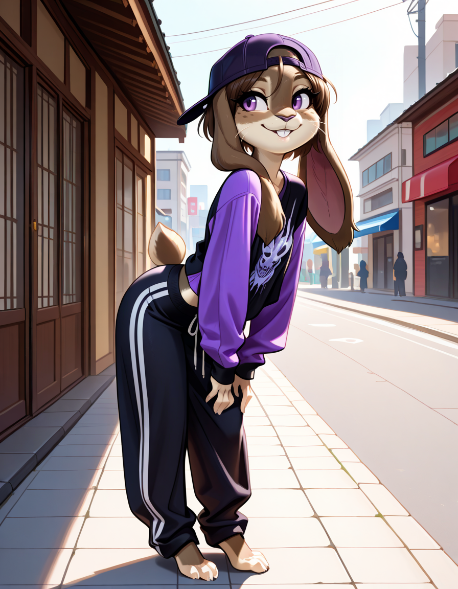 masterpiece, best quality, very aesthetic, absurdres,
outdoors, streetwear,  
barefoot, full body, posing, standing, 
seductive smile, parted lips, long eyelashes,
<lora:Nicole_Meadowsong_v01_NAIXL:1>
N1c013,1girl,solo,furry,furry female,rabbit girl,brown hair,backwards hat,short hair,rabbit ears,purple eyes,snout,animal nose,whiskers,buck teeth,body fur,two tone fur,brown fur,grey fur,rabbit tail,