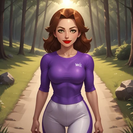 score_9, score_8, BREAK, solo, wii, mii, wii sports, 1girl, female mii, dark yellow eyes, auburn hair, dark brown eyebrows, red lips, purple clothing, white pants, shoes, nintendo mii, modern_mii, classic_mii, breasts, elisa_\(\\wii_sports\\\), sexy pose, smile, outdoors, sunlight, shadows, evening lighting, natural lighting, forest, trees, grass, orange sky, sunset