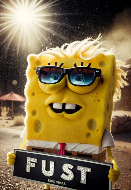 Holding sign that says "flux", floating dust particles, visible dust in light rays, vintage dusty atmosphere, cinematic quality, closeup, a glamour shot of SpongeBob, wearing sun glasses, scenery, glowing eye, wild mane, monochrome Sin City styled duotoned color graded, deep Blacks, very detailed, atmospheric haze, Film grain, cinematic film still, shallow depth of field, highly detailed, high budget, cinemascope, moody, epic, Like a DonMS4kur4XL blossom Rain but its ash,