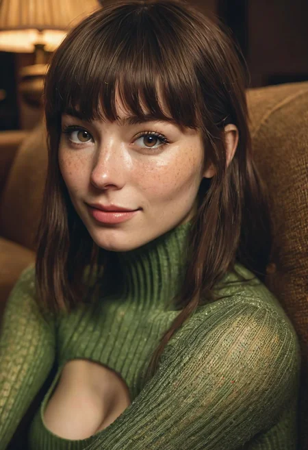 Super Closeup Portrait, pureerosface_v1, self stroking, high quality, petite, blushed shy smile, Freckles, wearing Green skintight knitted Bodysuit, dark Messy bangs, next to a cozy Brown corduroy couch, warm lighting, Canon EOS, Sci-fi vibe, dirty, noisy, Vintage monk style, very detailed, hd,