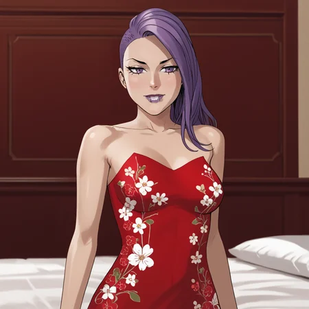 <lora:VampbladePurple_pony_v1:1>KatiePurple, 1girl, purple hair, long hair,  medium breasts, cowboy shot,  <lora:1007 Chinese wedding dress_v1_pony:1> ruanyi1007,bare shoulders,detached sleeves,red dress,floral print,strapless dress,
