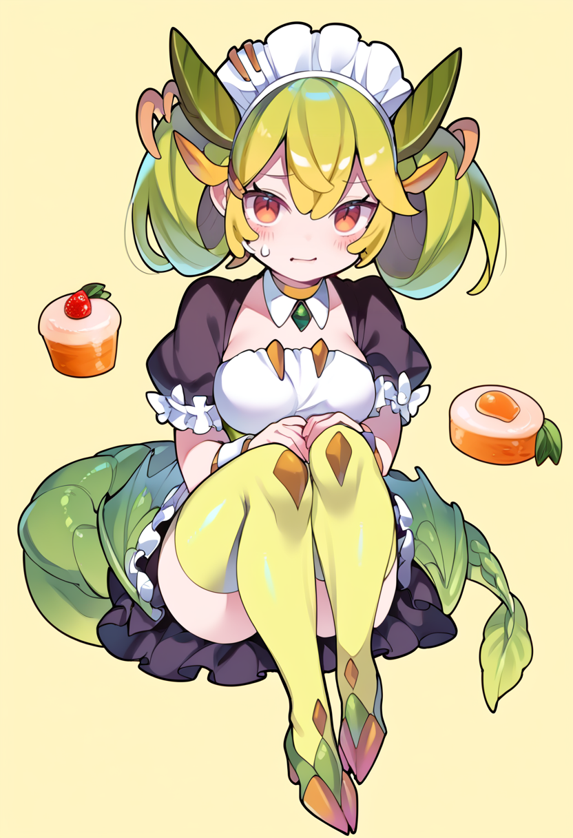 (score_9:0.9),score_8_up,score_7_up,anime style,rating_safe,(zPDXL),<lora:parlor dragonmaid ponyXL v2:0.84>,wrist cuffs,detached collar,chibi:1.2,parlor dragonmaid,maid costume,yellow thigh boots,1girl,food,solo,looking at viewer,holding,sitting,blush,sweatdrop,large breasts,medium breasts,full body,green wings,