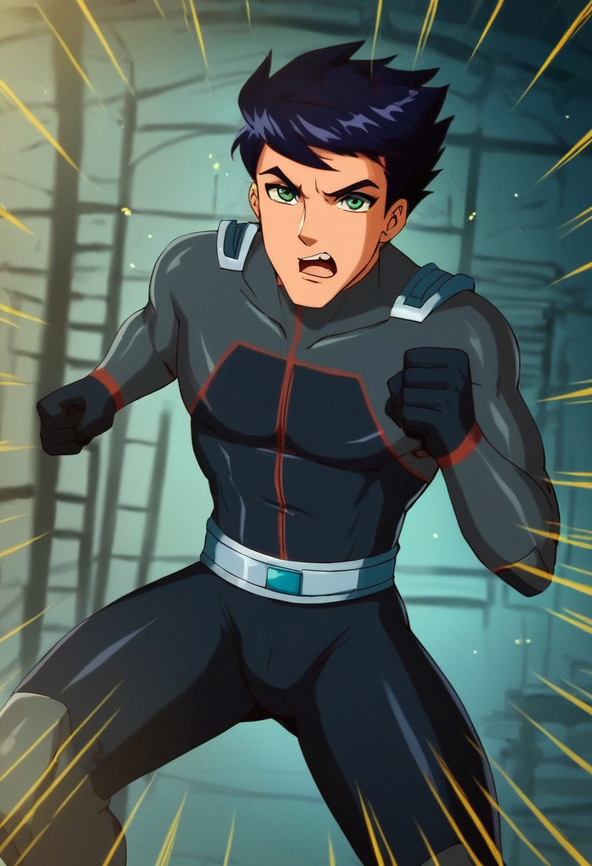 zPDXL2, score_9, score_8_up, score_7_up, 1boy, ss6_blaine_ts!, upwards spiky hair, black hair, green eyes, bodysuit, navy grey catsuit, metallic shoulder pads, black gloves, silver belt, fist, charging, action, emphasis lines, motion blur, particles, vfx, depth of field