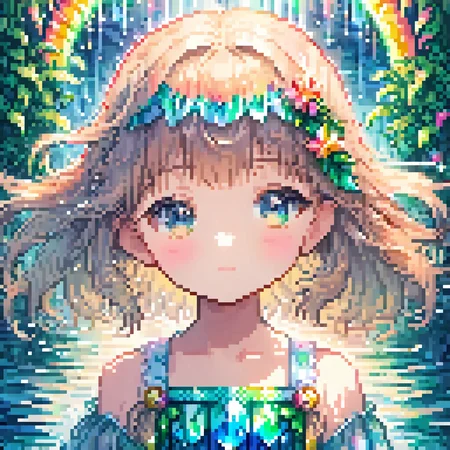 <lora:pixel_stormXL:1>,pixel art,
8k Wallpaper,grand,(((masterpiece))), (((best quality))), ((ultra-detailed)), (illustration), ((an extremely delicate and beautiful)),dynamic angle,rainbow hair,detailed cute anime face,((little girl)),(((masterpiece))),an extremely delicate and beautiful girl,flower,cry,water,corrugated,flowers tire,broken glass,(broken screen),atlantis,transparent glass