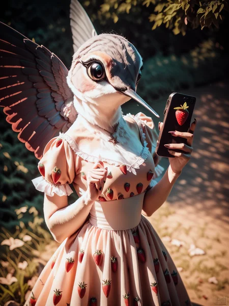 score_9, score_8_up, score_7_up, score_6_up,fscore_9, score_8_up, score_7_up, anthro , hummingbird, wearing a strawberry dress, cute, holding a phone, cinematic lighting, best quality, masterpiece, realistic, 8k, photo, photography, photorealistic <lora:Anthro_birds_for_pony_-_2:1>