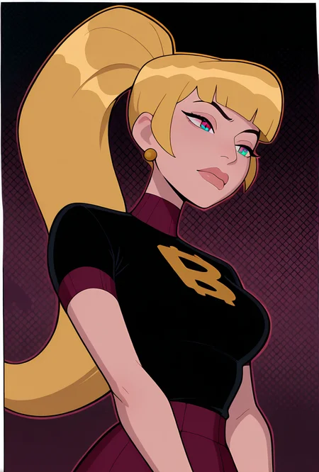 <lora:mazuma-10:1> mazuma, blonde hair, ponytail, long hair, 1girl, earrings, black shirt, short sleeves, heterochromia, lips, maroon skirt,, masterpiece, best quality, amazing quality, very aesthetic, absurdres, newest,, upper body, halftone effect, white borders, abstract background:1.2,