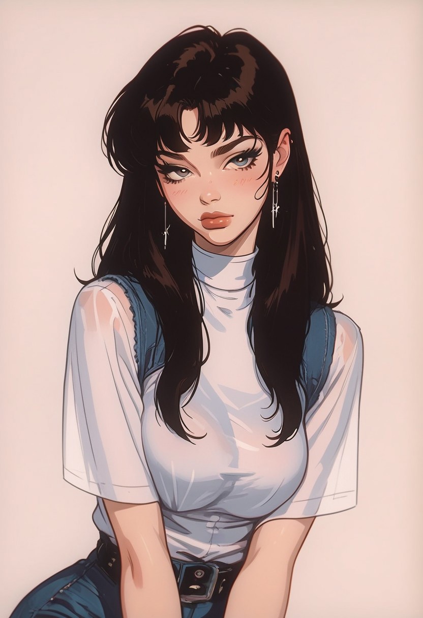 ((Score_9_up, Score_8_up, Score_7_up), (Masterpiece, Best quality, High Resolution, skindentation, Extremely Detailed)),
Cute face, Cute detailed eyes, Bangs, Straight long hair, Straight hair, Cute lips, Detailed iris, Leaning forward, Cropped white shirt with short sleeves, Denim jacket, Soft natural breasts with sag, Cleavage, Horny expression, Girl