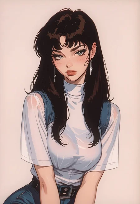 ((Score_9_up, Score_8_up, Score_7_up), (Masterpiece, Best quality, High Resolution, skindentation, Extremely Detailed)),
Cute face, Cute detailed eyes, Bangs, Straight long hair, Straight hair, Cute lips, Detailed iris, Leaning forward, Cropped white shirt with short sleeves, Denim jacket, Soft natural breasts with sag, Cleavage, Horny expression, Girl