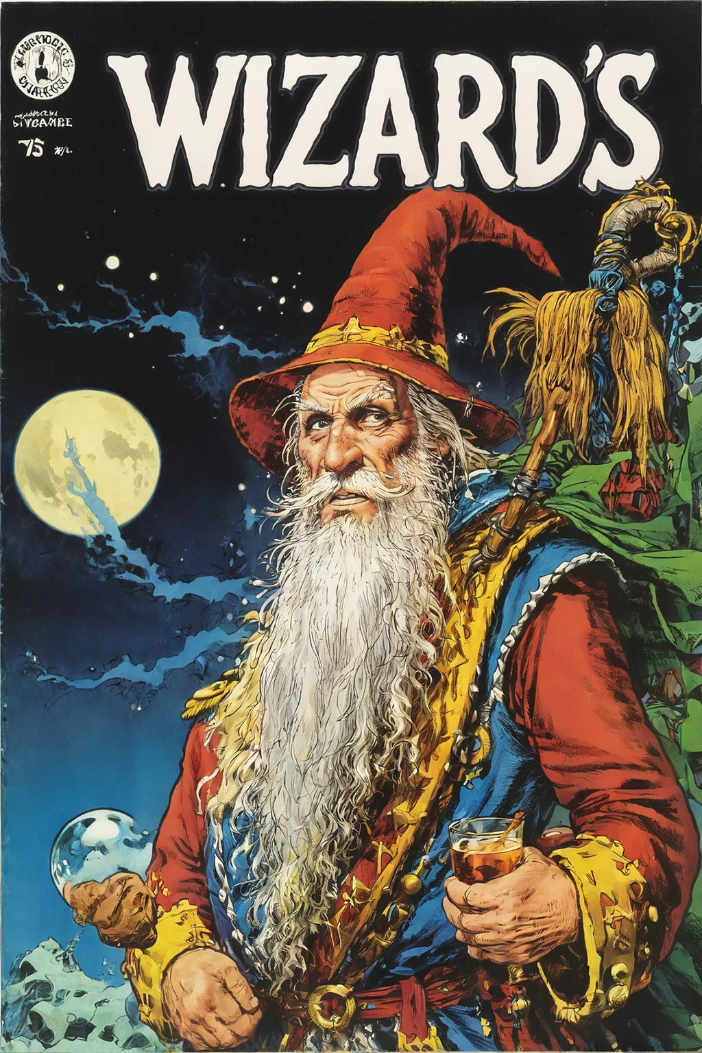 vintage comic book with the (title text: "Wizard's Vintage Comics":1.4), illustration closeup of moondog wizard whitebeard, in style of will eisner, highly detailed