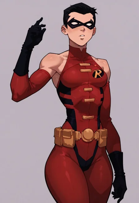 score_9, score_8_up, score_7_up, score_6_up, source_cartoon, rating_explicit, best quality, 12k, solo, 1girl, genderbent small breasts, thick ass2.5, thick thighs:2.2, wide hips:2.2, timdrakeyj, red outfit, robin symbol, no cape, utility belt, domino mask, black hair, leotard, bare shoulders, bare legs