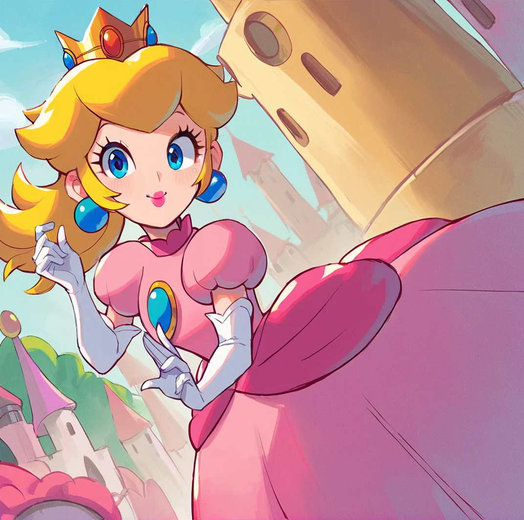 score_9, score_8_up, score_7_up,score_5_up, score_4_up (Source super mario bros), (rating safe), <lora:PrincessPeachXL:0.7>, princess peach, blonde hair, earrings, princess peach walking inside castle, wearing pink dress, smile, elbow gloves, pink lipstick,