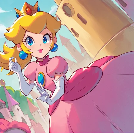 score_9, score_8_up, score_7_up,score_5_up, score_4_up (Source super mario bros), (rating safe), <lora:PrincessPeachXL:0.7>, princess peach, blonde hair, earrings, princess peach walking inside castle, wearing pink dress, smile, elbow gloves, pink lipstick,