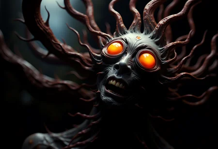 bv-mychorwo, mycelium, horror,. A close-up of a mycelium-infused humanoid with glowing orange orbs entangled in twisted roots, captured in cinematic ambiance , <lora:bv-mycelium-horror-world-v1.safetensors:1.0:1.0>