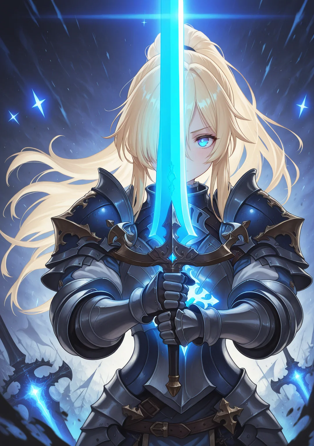 masterpiece,best quality,amazing quality,
<lora:svstyle2:1>,
svstyle,1girl,weapon,armor,blonde hair,sword,blue eyes,solo,holding,long hair,holding weapon,holding sword,shoulder armor,looking at viewer,gauntlets,breastplate,gloves,upper body,pauldrons,ponytail,one eye covered,glowing,glowing weapon,enchanted weapon,