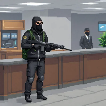 a bank robber holding a rifle, in the middle of a federal bank during a heist, black suit, balaclava, duffel bag, fnfalrfl, pixel art