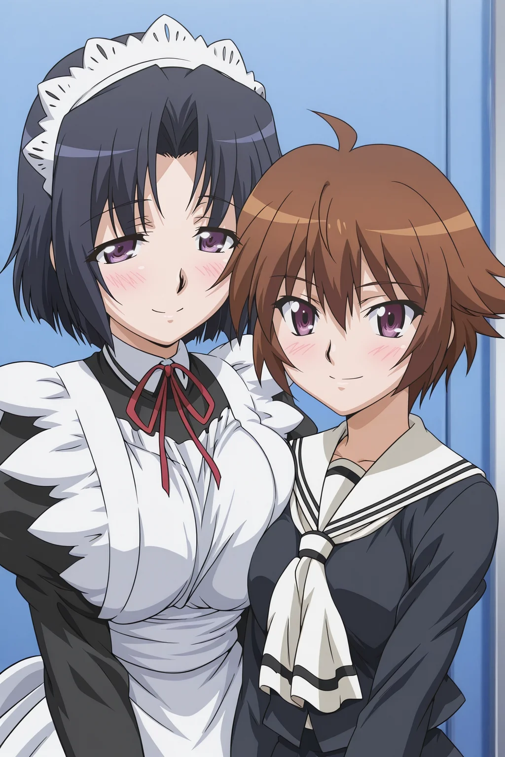 masterpiece, best quality, absurdres, highres, source anime, very aesthetic, very awa,  anime coloring, anime screencap, <lora:swing_out_sisters_v1-illustrious_r1:1>, 2girls, upper body, side-by-side, looking at viewer, blush, smile, breast press, BREAK,
chiyo \(swing out sisters\), purple eyes, black hair, sweater, large breasts, maid, maid headdress, apron, BREAK,
chinatsu \(swing out sisters\), brown eyes, brown hair, ahoge, medium breasts, school uniform,