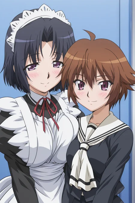 masterpiece, best quality, absurdres, highres, source anime, very aesthetic, very awa, anime coloring, anime screencap, <lora:swing_out_sisters_v1-illustrious_r1:1>, 2girls, upper body, side-by-side, looking at viewer, blush, smile, breast press, BREAK,
chiyo \(swing out sisters\), purple eyes, black hair, sweater, large breasts, maid, maid headdress, apron, BREAK,
chinatsu \(swing out sisters\), brown eyes, brown hair, ahoge, medium breasts, school uniform,