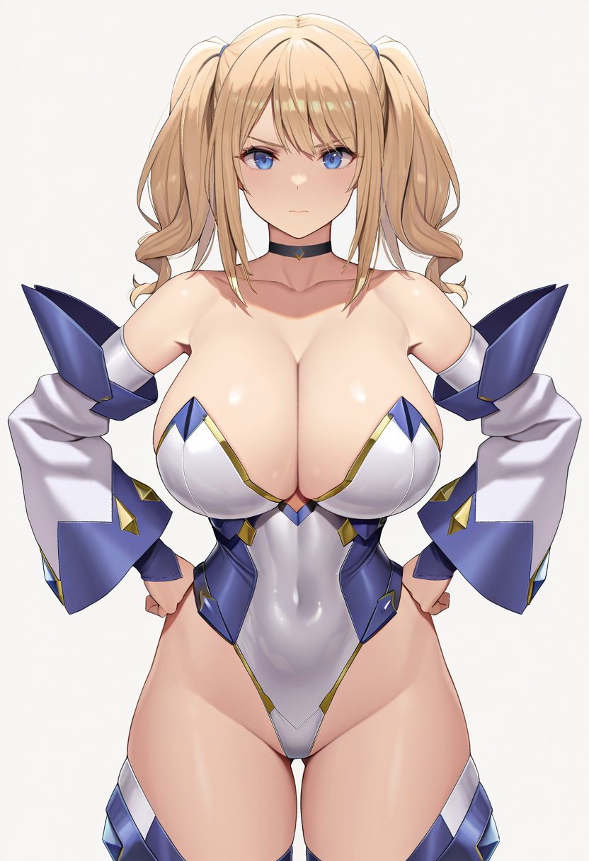 masterpiece, best quality,
1girl, cowboy shot, 
standing, hands on own hips, 
looking at viewer, 
<lora:Onisaki_Kirara_SK:0.7> Onisaki_Kirara_SK, blonde hair, twintails, drill hair, blue eyes, highleg leotard, skin tight, choker, detached sleeves, collarbone, bare shoulders, cleavage, 
simple background, white background,