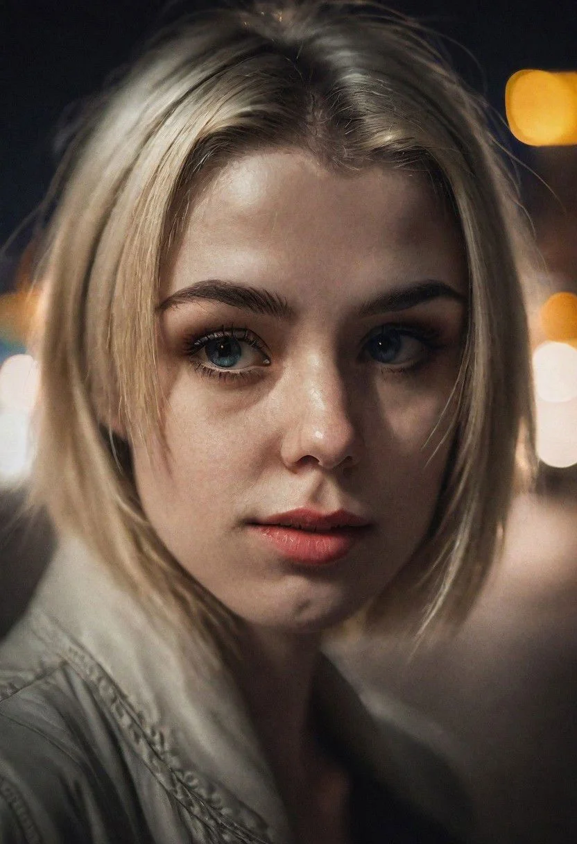 Portrait face Solo female ciborg in city, photograph ,pale beautiful Irish woman, blonde, beautifull eyes, night time, cinematic composition, cinematic filtering