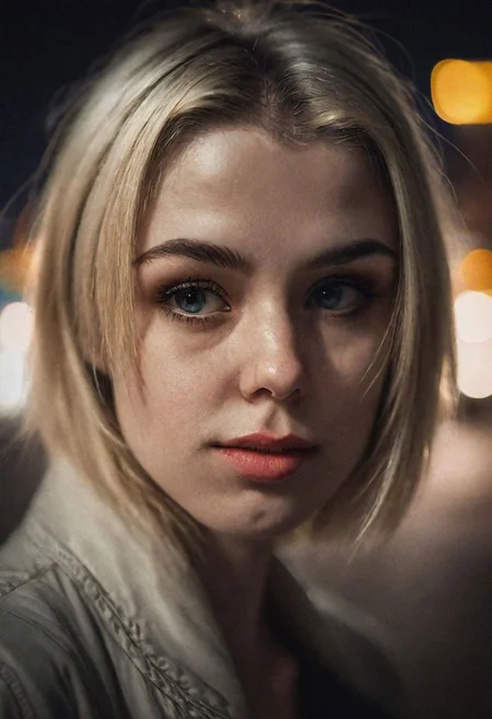 Portrait face Solo female ciborg in city, photograph ,pale beautiful Irish woman, blonde,  beautifull eyes, night time, cinematic composition,  cinematic filtering