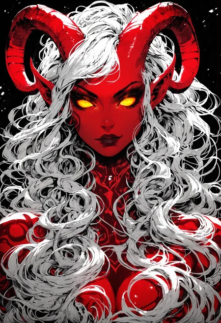 (score_9, score_8_up), score_7_up, zPDXL, solo, <lora:MythM4ngaStyle:0.8>, 1girl, solo, flowing hair, glowing red eyes, curved ram horns, sharp ears, red skin, demoness, tiefling, limited red palette, eerie atmosphere, seductive, makeup, eyeliner, eyeshadow, dark background, neon, contour light, dynamic scene, detailed, masterpiece, wide angle, black and red theme, monochrome, greyscale