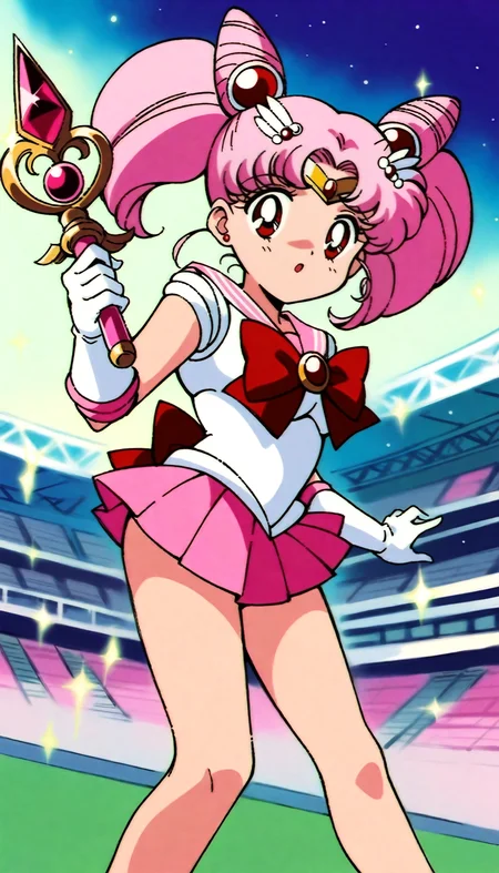 masterpiece,best quality,very aesthetic,absurdres,Sailor Chibimoon XL,chibi usa,1girl,solo,pink hair,sailor senshi uniform,pink footwear,twintails,gloves,skirt,hair bun,white gloves,double bun,jewelry,elbow gloves,tiara,pink sailor collar,holding wand,wand,sailor collar,holding,pleated skirt,cone hair bun,brooch,bow,pink skirt,1990s \(style\),<lora:Sailor Chibimoon XL:0.8>,stadium,outdoors,cowboy shot,bare legs,