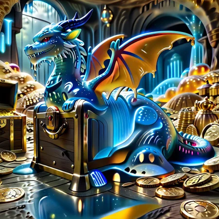 1dragon, highly detailed blue dragon, blue dragon made out of slime, scaly blue slime dragon, slime dragon with red eyes, blue slime dragon laying in its hoard, blue slime dragon with wings, dragon wings,
multi-colored gems made out of slime, in a room of treasure made out of slime, gold coins and bars made out of slime, wood-like treasure chest made out of slime, wood-colored slime chest, individual coins made out of slime, gold slime coins, piles of coins,
treasure-room, treasure, treasure chest, gemstone, coins, gold bars, gold pile,
everything made of slime, No simple background,
((translucent slime)), ((transparent slime)), (bioluminescent slime), sl1m3, slime, ais-blmn, watce, je11y, thickwater, great lighting, ral-lava, even lighting, no bright spots, saturated colors,