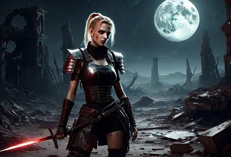 In the music video for "Blades in the Moonlight," Samurai Girl emerges from the moonlit shadows of a desolate wasteland, she approaches a band of soldiers her blond hair tied back in a ponytail and clad in black and red cyberpunk leather armor. With two katanas at her side, she moves with silent grace through the ruins of a crumbling city, the moon casting an eerie glow on her every fluid movement.Amidst the ruins of a once-thriving city, wasteland. electrifying the sexually charged atmosphere. octane render, unreal engine 5cyberpukai, Cyberpunk