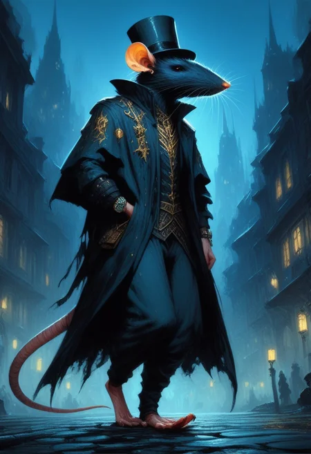 BREAK score_9, score_8_up, score_7_up, night time, city, ominous, rat, top hat, cloak, smug, hands in pockets, gold ring, pocket watch, walking cane, full body shot, (tail: 1.5)
(masterpiece, best quality, ultra detailed, intricate details:1.2), (detailed face:1.1), (rat folk:1.5) <lora:RPGRatFolkXL:1>