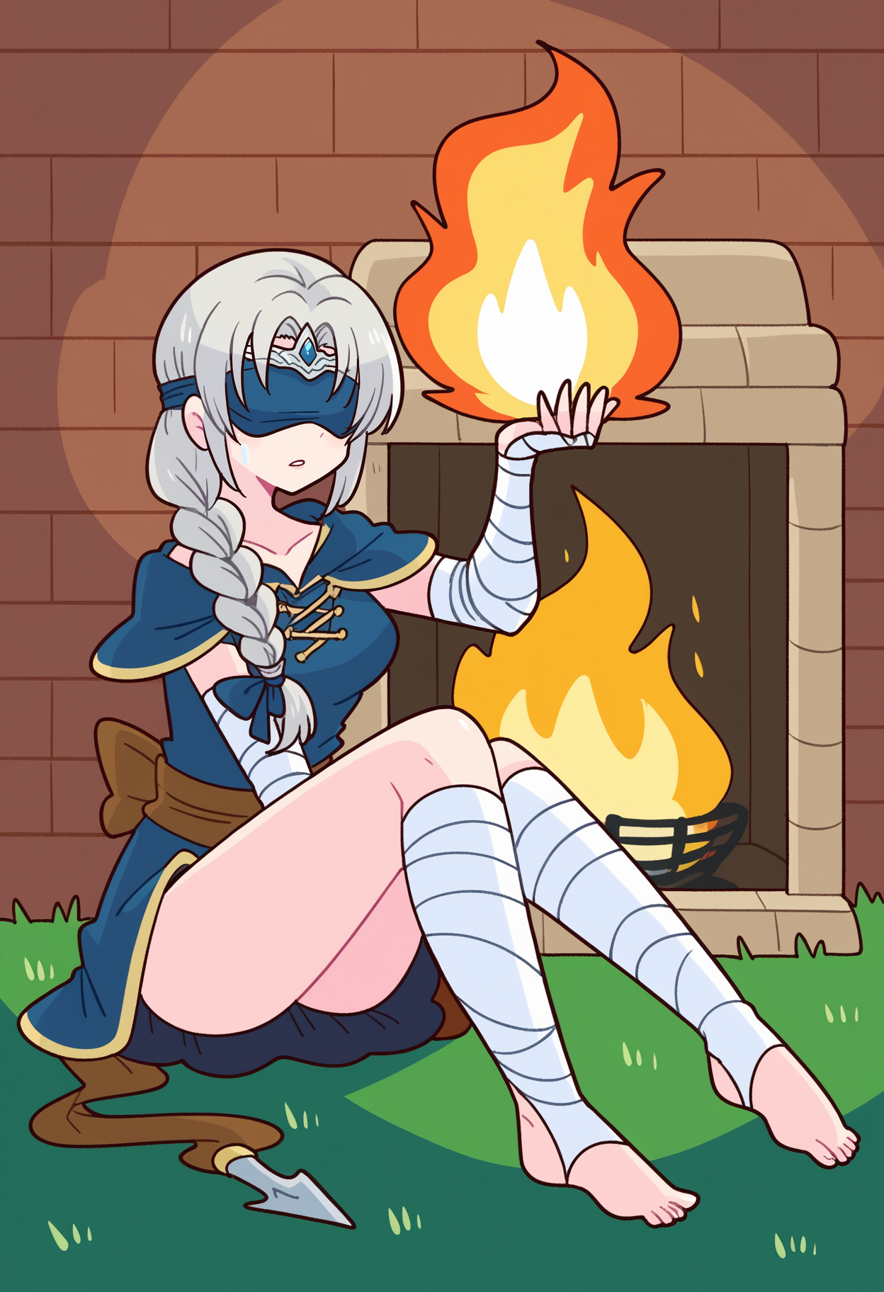 score_9, best quality, masterpiece, uncensored, source_anime
BREAK
fire keeper, 1girl, bandaged arm, bandages, barefoot, blindfold, bonfire (dark souls), braid, braided ponytail, cosplay, eye mask, feet, fire, fire keeper (cosplay), full body, glowing, grey hair, long hair, parted lips, sitting, solo, stirrup legwear, toeless legwear
<lora:op-na-yarou_pony_v1-000010:1>