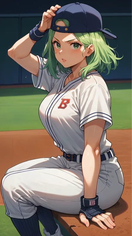 score_9,score_8_up,score_7_up,score_6_up, <lora:xl_more_art-full_v1:0.5>, source_anime, woman, dynamic pose, sitting with her back arched, <lora:Emi Fukukado (Ms.Joke) - Pony_2-000004:0.8>, medium hair, green hair, green eyes, baseball cap, backwards cap, baseball uniform, baseball,