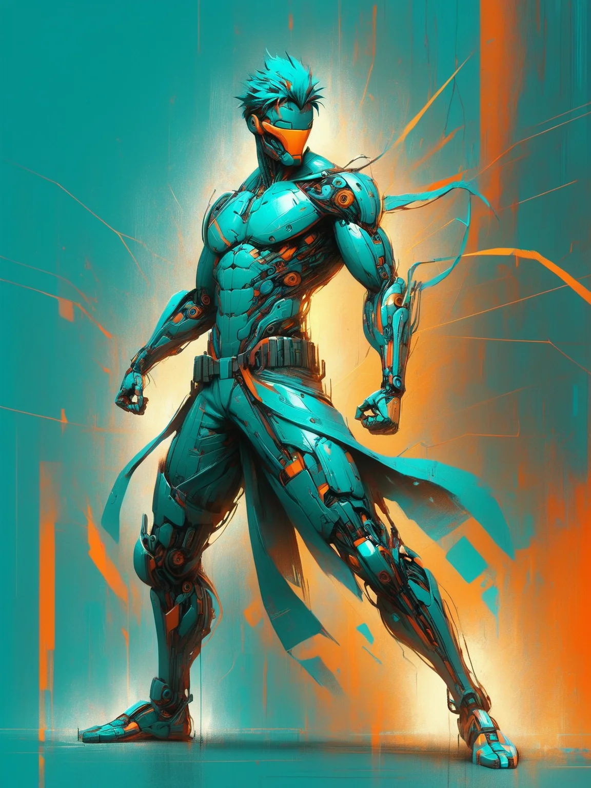 man, mad-cybrpnkimprss, dynamic pose, teal and orange <lora:Neon_Cyberpunk_Impressionism_SDXL:0.8>, (masterpiece:1.2), best quality