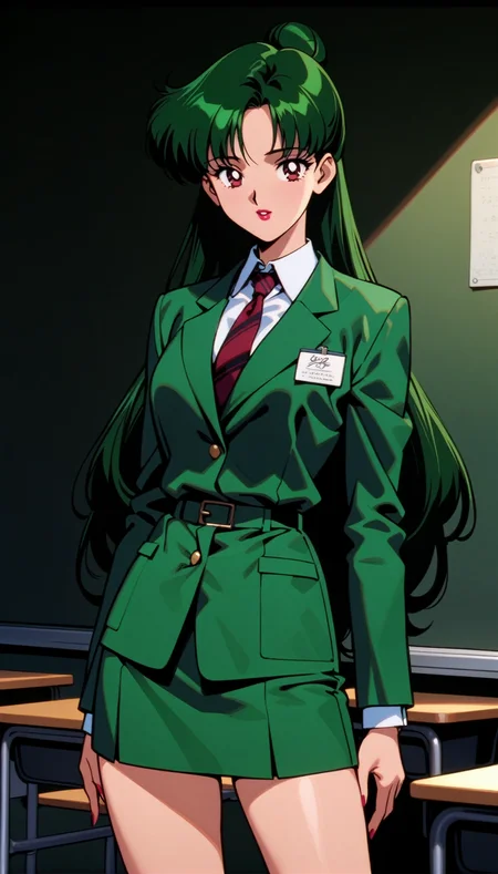masterpiece,best quality,very aesthetic,ultra detailed,intricate details,<lora:Sailor Pluto XL:0.9>,1girl,solo,1990s \(style\),carmine eyes,lipstick,hair bun,single hair bun,long hair,dark green hair,Teacher attire,classroom,Stand in front of the blackboard,cowboy shot,