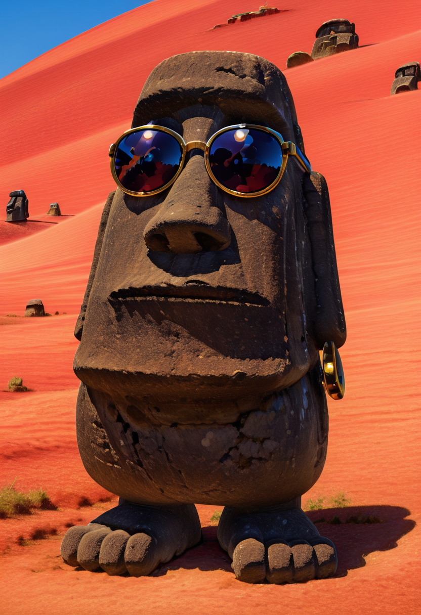 masterpiece, best quality, no humans,   zzMoai, jewelry, standing, full body, earrings, pokemon (creature), shadow, sunglasses, sand, animal focus, desert  ,<lora:MoaiEasterIsland_IXL:1.0>,