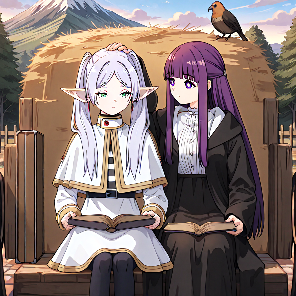 absurdres, sensitive, 2girls, frieren, fern, sitting, hay cart, hay, wagon, elf, grey hair, twintails, capelet, black pantyhose, purple hair, long hair, straight hair, white dress, long sleeves, robe, open book, holding book, suitcase, sky, cloud, green tree, rural, fence, mountain, stone road, hand on another's head, headpat, bird, upper body, close-up, female hand, <lora:haycart_ilxl:1>