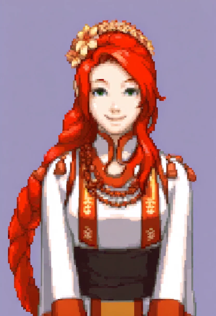 masterpiece, best quality, solo, looking at viewer, 1girl, smile, <lora:Ace-Attorney-Portraits-illus_Fp:1>, portrait, upper body, pixel art, simple background, <lora:fetitania-illu-nvwls-v1:1>, valTtna, red hair, green eyes, hair flower, braided ponytail, white dress, tabard, sash, long sleeves,