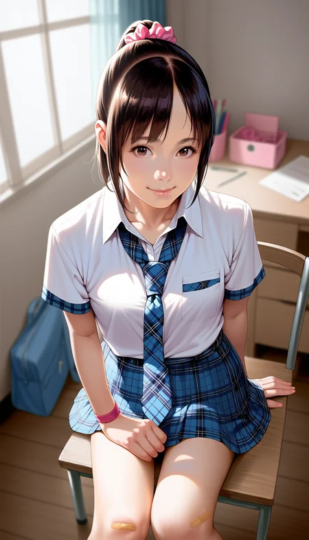 score_9,score_8_up,score_7_up,
<lora:miiyamotohikari:0.9>,miiyamotohikari,
photorealistic,realistic,
1girl,solo,black hair,ponytail,bangs,pink scrunchie,brown eyes,white collar shirt,blue plaid skirt,blue plaid necktie,red wristband,bandaid on knee,looking at viewer,facing aside,smile,cowboy shot,from above,sitting on chair,
blurry background,simple background,indoors,neat and tidy room,