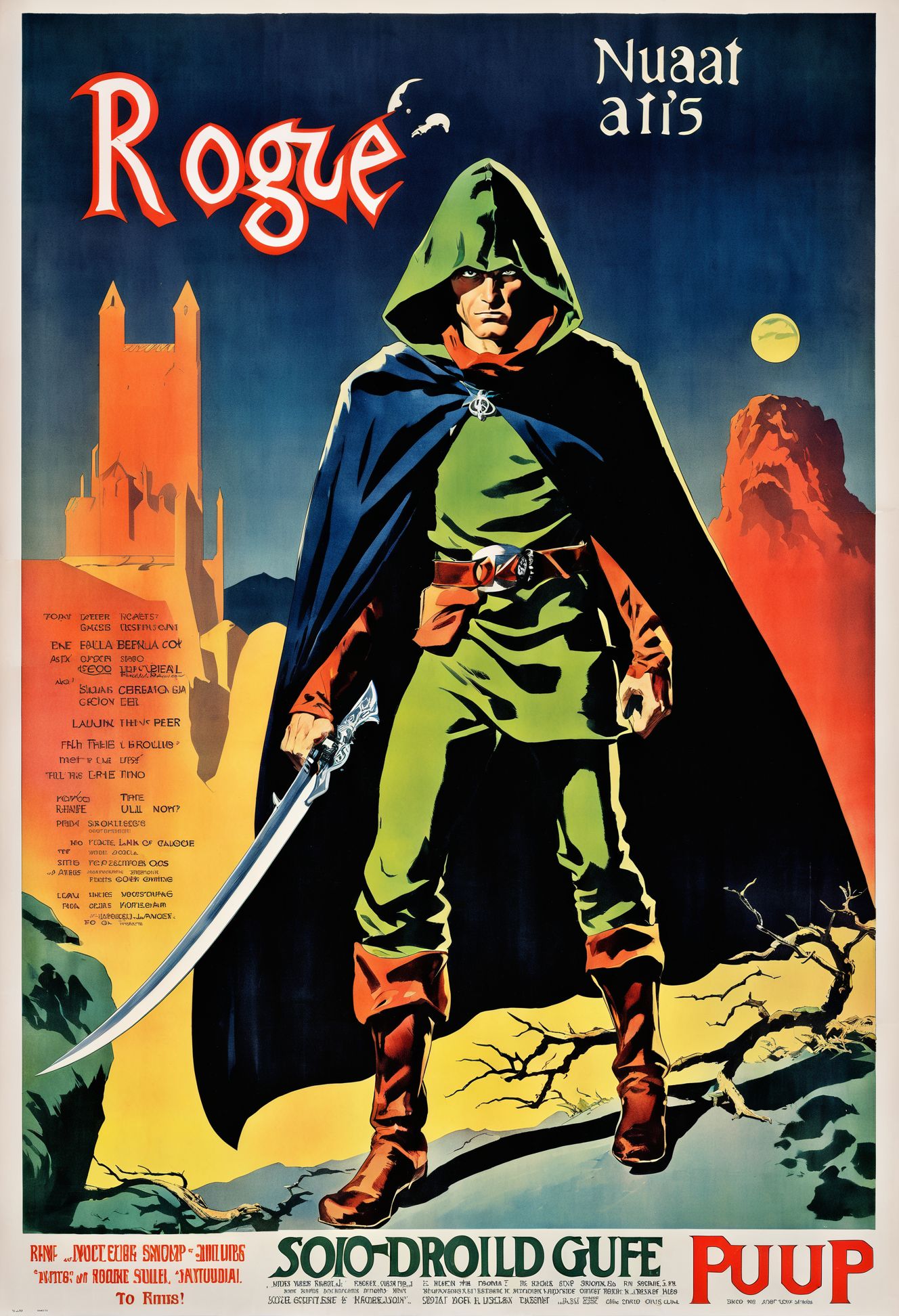 anime, comix, pulp fantasy poster, male rogue,hooded cloak, <lora:EnvyPulpFantasyXL01:1:1:lbw=ALL>