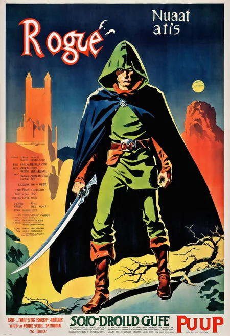 anime, comix, pulp fantasy poster, male rogue,hooded cloak, <lora:EnvyPulpFantasyXL01:1:1:lbw=ALL>