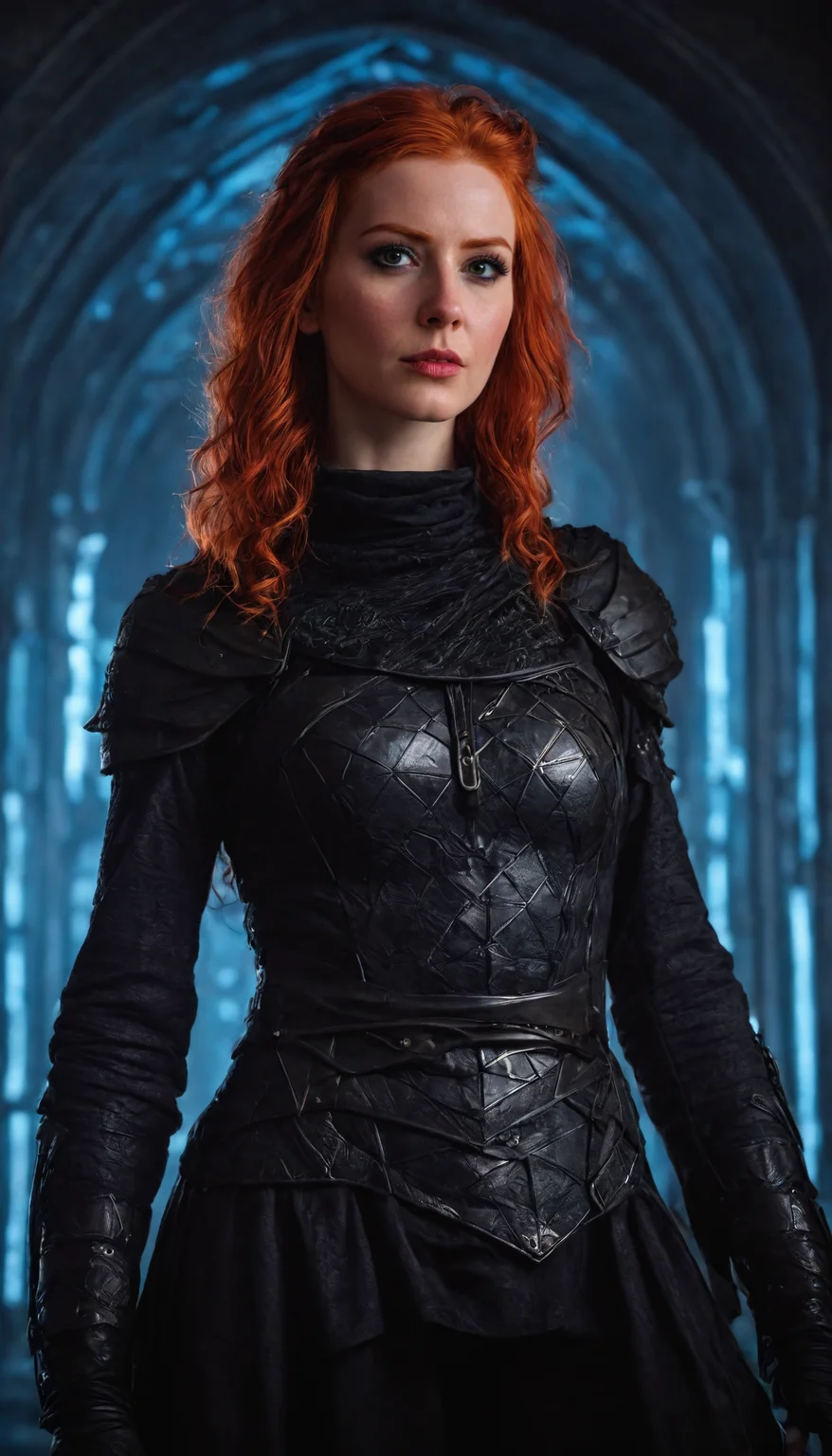 A confident red-haired female adventurer in medieval attire standing against a backdrop of a futuristic, geometric, neon-lit landscape, gothic art style, dark and moody, intricate details, rich colors, dramatic lighting, ornate patterns, medieval inspired, mysterious atmosphere, high contrast, artistic and elegant