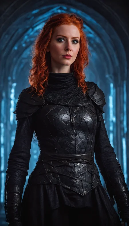A confident red-haired female adventurer in medieval attire standing against a backdrop of a futuristic, geometric, neon-lit landscape, gothic art style, dark and moody, intricate details, rich colors, dramatic lighting, ornate patterns, medieval inspired, mysterious atmosphere, high contrast, artistic and elegant