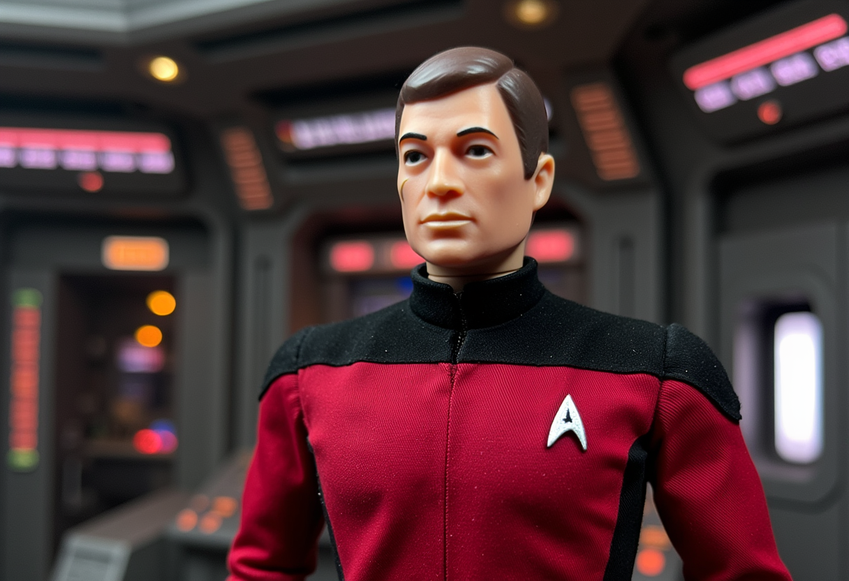 A cinematic shot of <lora:Gi-Joe_Flux:1> Gi Joe as a Starfleet captain, wearing Star Trek uniform, standing in the bridge of starship Enterprise. <lora:Dever_Flux_Enhancer:0.5>