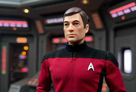 A cinematic shot of <lora:Gi-Joe_Flux:1> Gi Joe as a Starfleet captain, wearing Star Trek uniform, standing in the bridge of starship Enterprise. <lora:Dever_Flux_Enhancer:0.5>