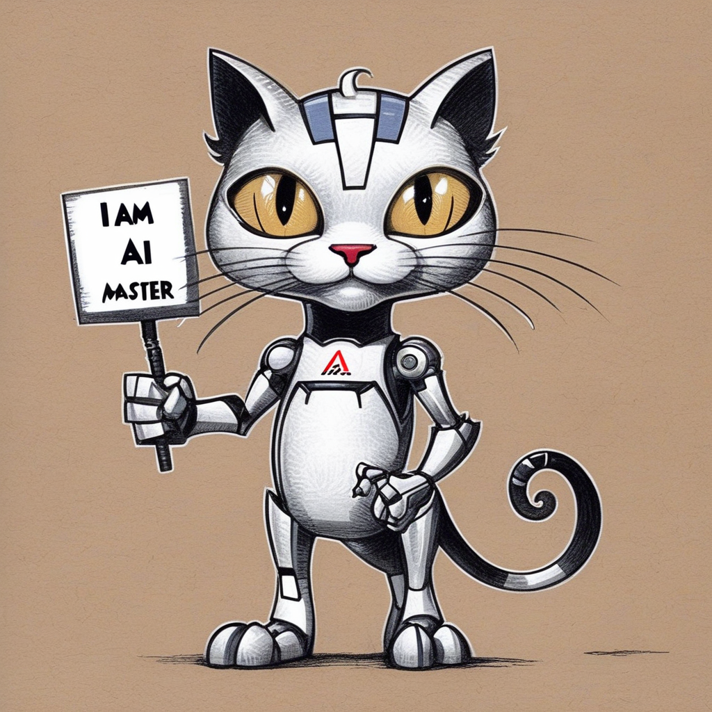 drawix5  drawing cyborg cat holding a sign saying "I am master AI " <lora:drawix5:1>
