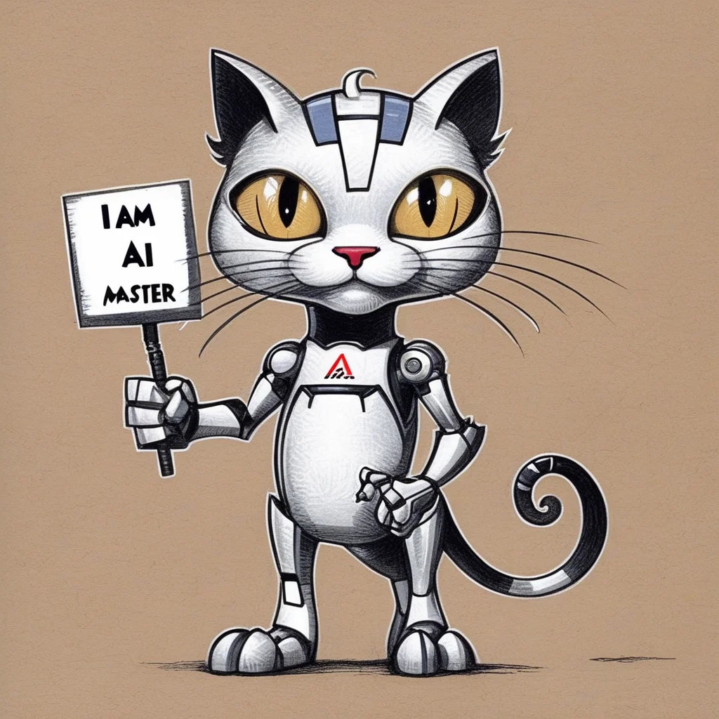 drawix5 drawing cyborg cat holding a sign saying "I am master AI " <lora:drawix5:1>