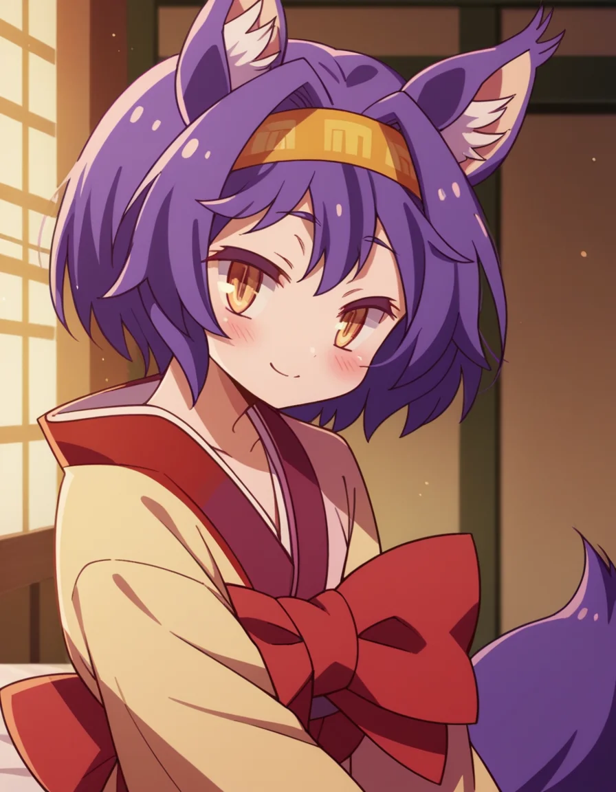 score_9, score_8_up, score_7_up, source_anime, <lora:izuna-hatsuse-s1-ponyxl-lora-nochekaiser:1>, izuna hatsuse, short hair, animal ears, purple hair, hairband, animal ear fluff, fox ears, slit pupils, yellow eyes,, bow, tail, japanese clothes, wide sleeves, kimono, fox tail, short kimono,, indoors, bed, bed room, on side, blush, drunk,, , , smile, solo,, cowboy shot, dutch angle