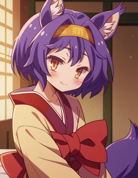 score_9, score_8_up, score_7_up, source_anime, <lora:izuna-hatsuse-s1-ponyxl-lora-nochekaiser:1>, izuna hatsuse, short hair, animal ears, purple hair, hairband, animal ear fluff, fox ears, slit pupils, yellow eyes,, bow, tail, japanese clothes, wide sleeves, kimono, fox tail, short kimono,, indoors, bed, bed room, on side, blush, drunk,, , , smile, solo,, cowboy shot, dutch angle