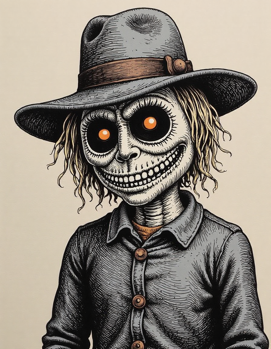 a spooky illustration of a scarecrow, in the style of r0b3rt_crum8